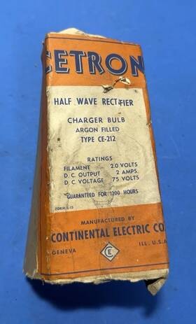 Ce-212 Cetron Vintage Half Wave Rectifier Tube With Box Argon Filled Usa